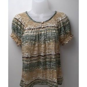 Kim Rogers Semi-Sheer Ruffle Short Slv Scoop Smock Neck Top Blouse Tan/Olive M